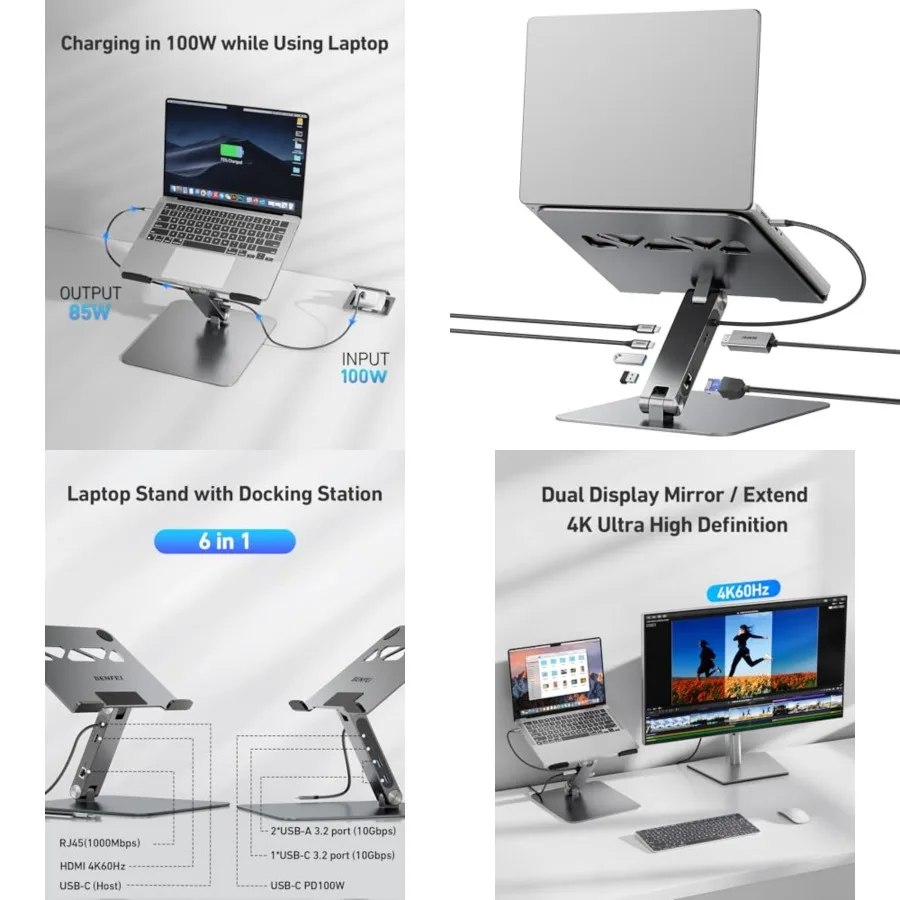 Laptop Stand with USB C 6in1 Docking Station, HDMI 4K@60Hz,Gigabit Ethernet, 100W Power Delivery, 10Gbps 1*USB C 3.2 and 2*USB A 3.2 Compatible with MacBook Pro/Air, iPad Pro, XPS, Thinkpad
Laptop Stand with USB C 6in1 Docking Station, HDMI 4K@60Hz,Gigabit Ethernet, 100W Power Delivery, 10Gbps 1*USB C 3.2 and 2*USB A 3.2 Compatible with MacBook Pro/Air, iPad Pro, XPS, Thinkpad