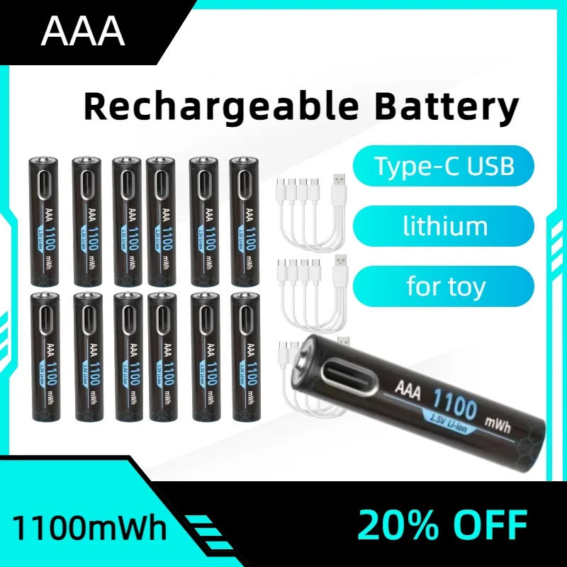 1.5V AAA rechargeable battery 1100mWh Type-C USB lithium battery for remote control toy battery with charging cable
1.5V AAA rechargeable battery 1100mWh Type-C USB lithium battery for remote control toy battery with charging cable