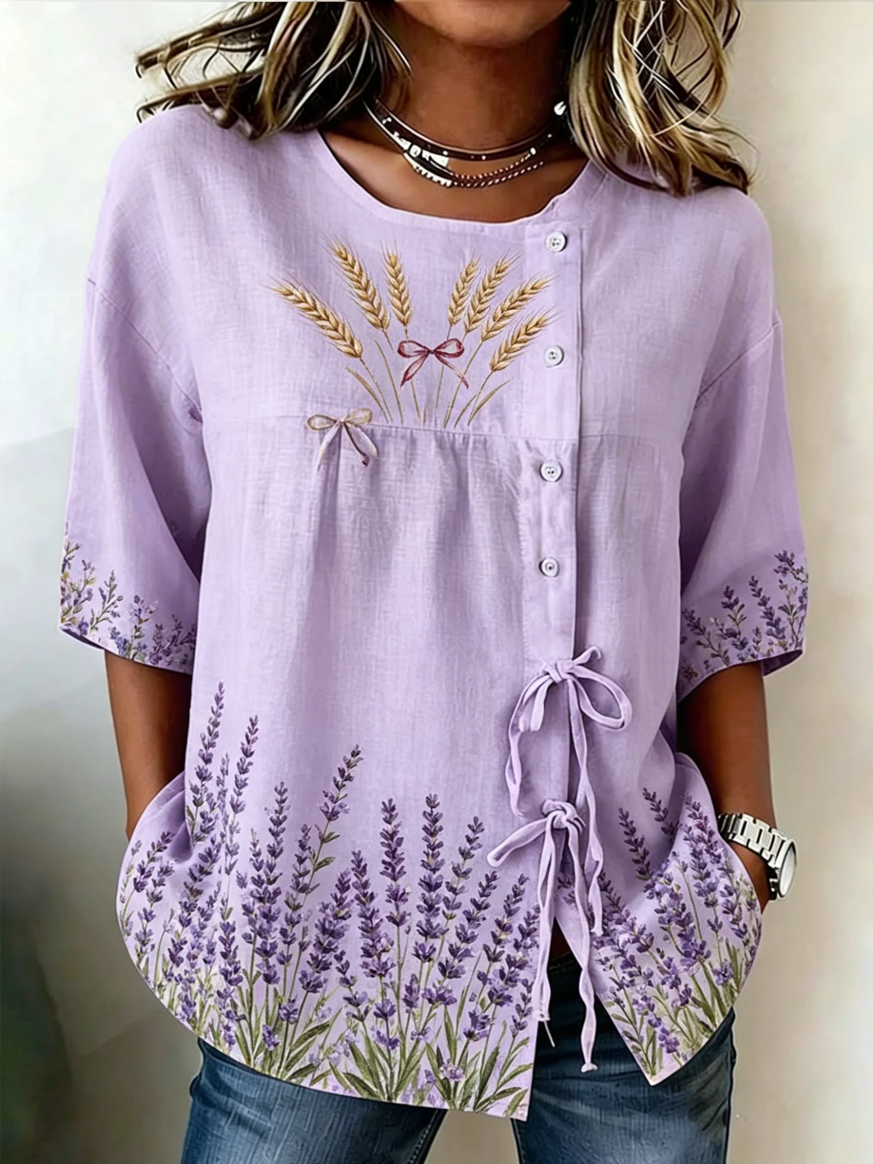 Women's Spring Summer Drawstring Blouse, Lavender & Wheat Print Casual Tops for Daily Street Holiday Dating & Leisure Outfit
Women's Spring Summer Drawstring Blouse, Lavender & Wheat Print Casual Tops for Daily Street Holiday Dating & Leisure Outfit