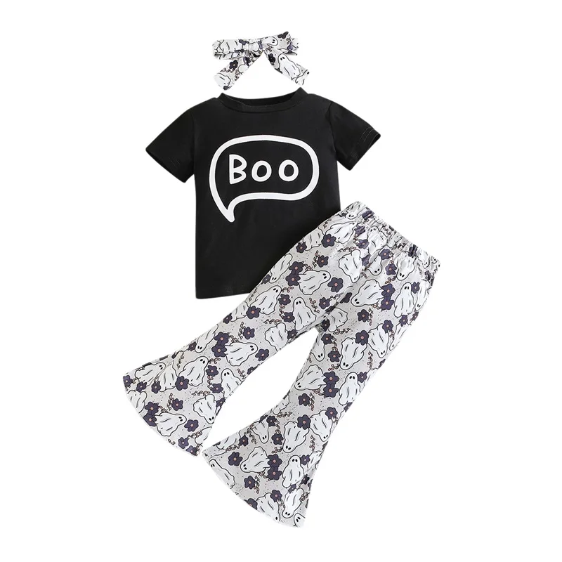 Kid Girls Pants Set Short Sleeve Crew Neck Letters Print T-shirt with Ghost Print Flare Pants Headband Halloween Clothes
Kid Girls Pants Set Short Sleeve Crew Neck Letters Print T-shirt with Ghost Print Flare Pants Headband Halloween Clothes