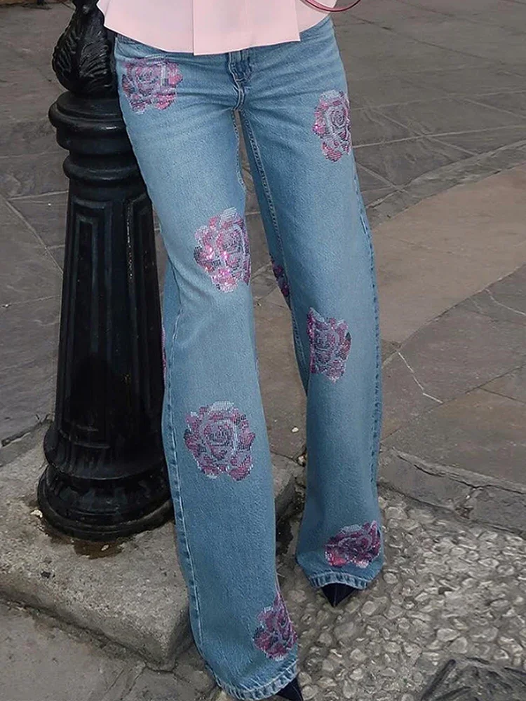 Vintage Women's Denim High Waist Jeans With Rhinstones Floral Print Stylish Light Blue Straight Pant Casual Streetwear Trousers
Vintage Women's Denim High Waist Jeans With Rhinstones Floral Print Stylish Light Blue Straight Pant Casual Streetwear Trousers