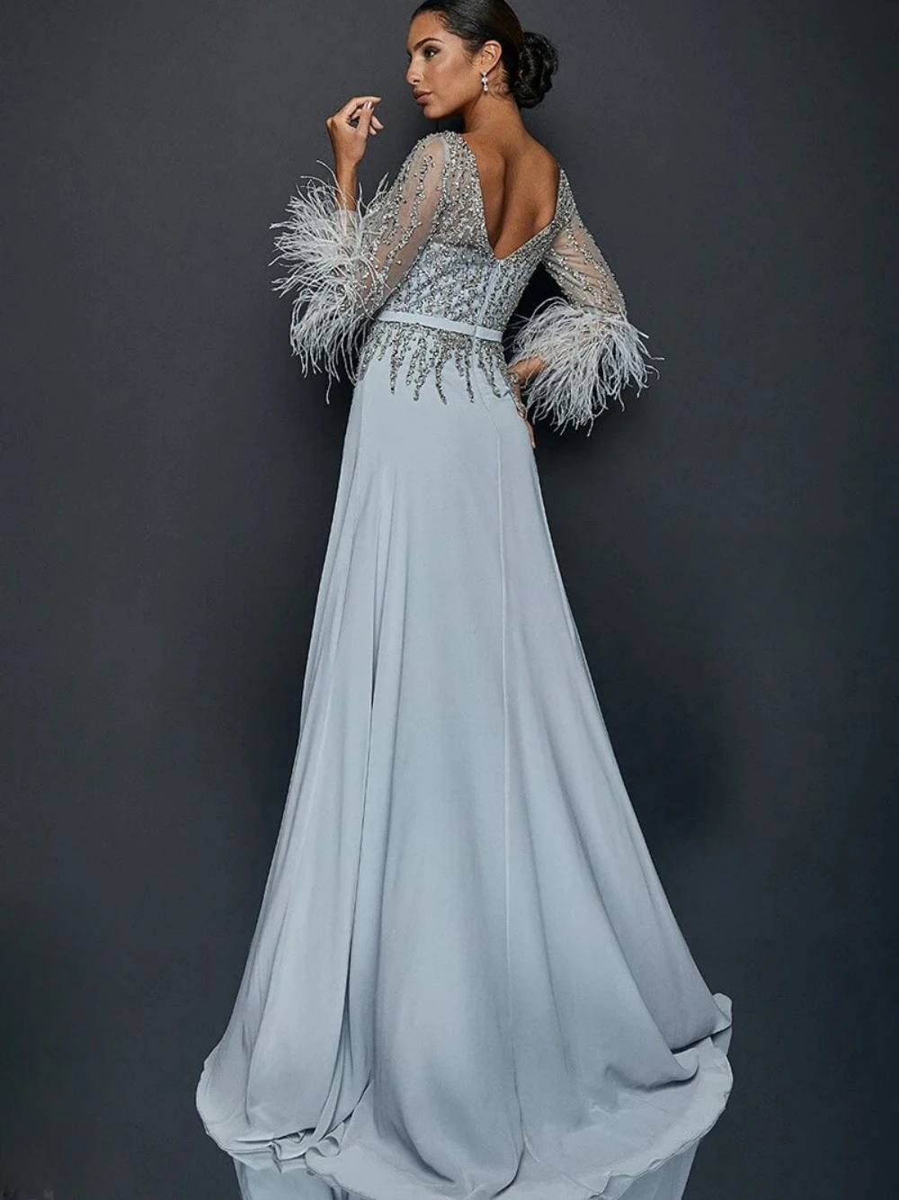 Синее шифоновое дышащее вечернее платье трапециевидной формы, длинное вечернее платье с перьями и блестками, женское стильное блестящее коктейльное платье на молнии сзади