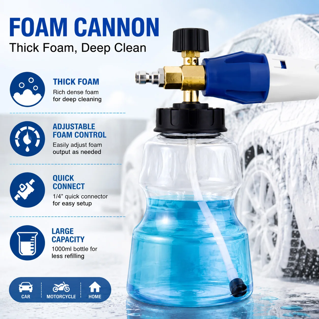 1L Transparent PA Foam Cannon, 1/4 Inch Quick Connect, Adjustable Spray Nozzle for Pressure Washer Car Wash
1L Transparent PA Foam Cannon, 1/4 Inch Quick Connect, Adjustable Spray Nozzle for Pressure Washer Car Wash