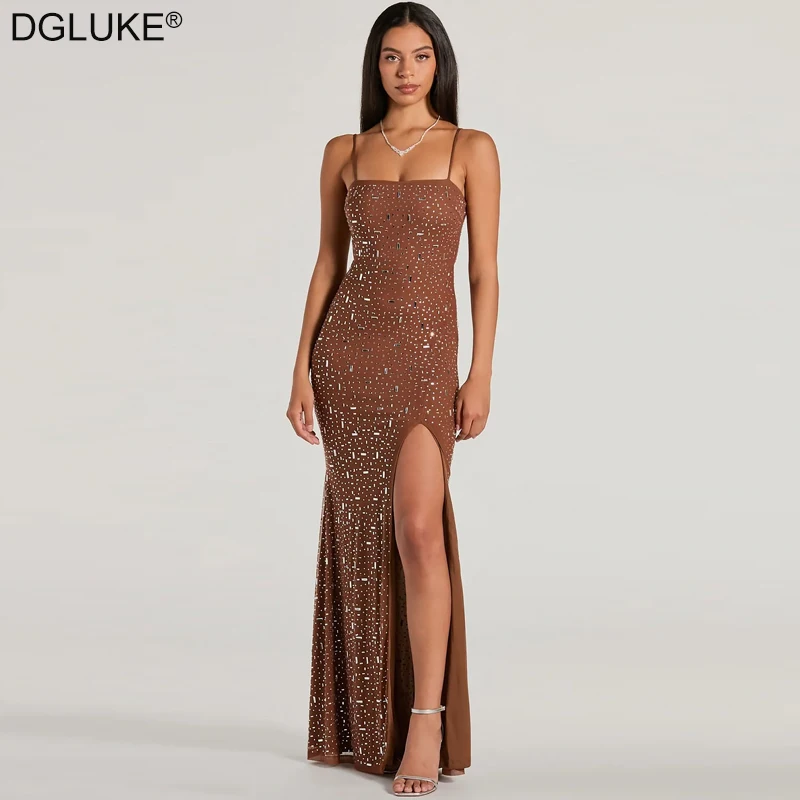 DGLUKE Sexy Transparent Mesh Maxi Dress Women Spaghetti Strap Backless High Slit Long Dress Rhinestone Embellished Evening Gown
DGLUKE Sexy Transparent Mesh Maxi Dress Women Spaghetti Strap Backless High Slit Long Dress Rhinestone Embellished Evening Gown