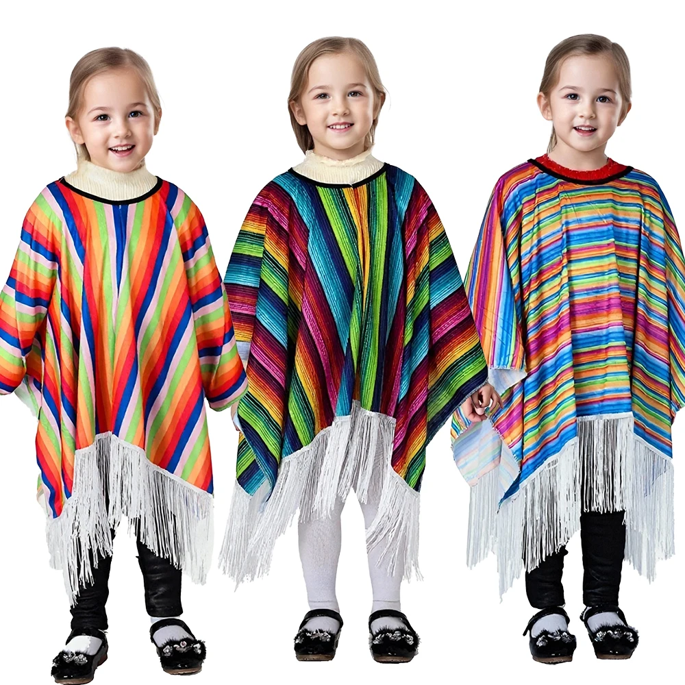 Kids Mexican Cape Costume Cloak Traditional Holiday Party Ethnic Style Colourful Striped Cloaks Clothes Halloween Cosplay Poncho
Kids Mexican Cape Costume Cloak Traditional Holiday Party Ethnic Style Colourful Striped Cloaks Clothes Halloween Cosplay Poncho