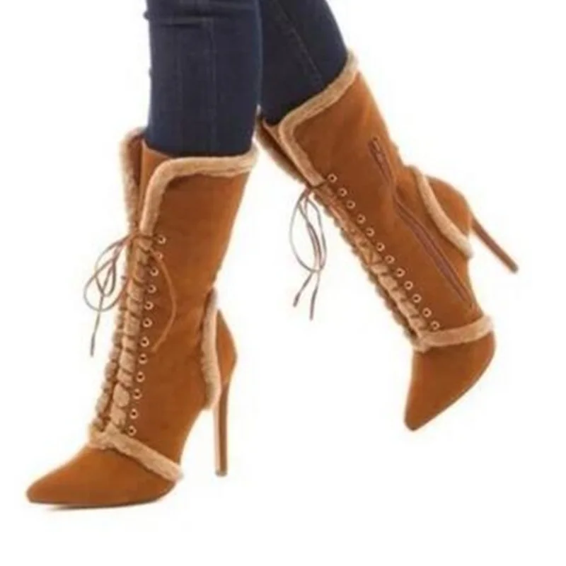 Camel Color Suede Fur Winter Boots Manmade Fur Patchwork Mid-calf Boots Pointed Toe Lace-up Fall Winter Warm Boot
Camel Color Suede Fur Winter Boots Manmade Fur Patchwork Mid-calf Boots Pointed Toe Lace-up Fall Winter Warm Boot