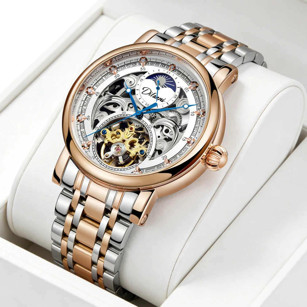 Мужские модные часы-скелетоны с турбийоном, из нержавеющей стали, водонепроницаемые, светящиеся, с фазами Луны, автоматические механические мужские часы
Мужские модные часы-скелетоны с турбийоном, из нержавеющей стали, водонепроницаемые, светящиеся, с фазами Луны, автоматические механические мужские часы