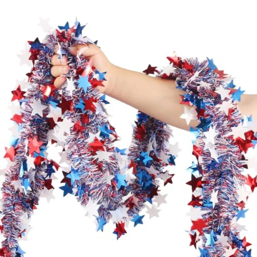 50 FT 4th of July Star Tinsel Garland, Red White and Blue Patriotic Decorations, Metallic Twist Garland for Mantels, Railings,
50 FT 4th of July Star Tinsel Garland, Red White and Blue Patriotic Decorations, Metallic Twist Garland for Mantels, Railings,