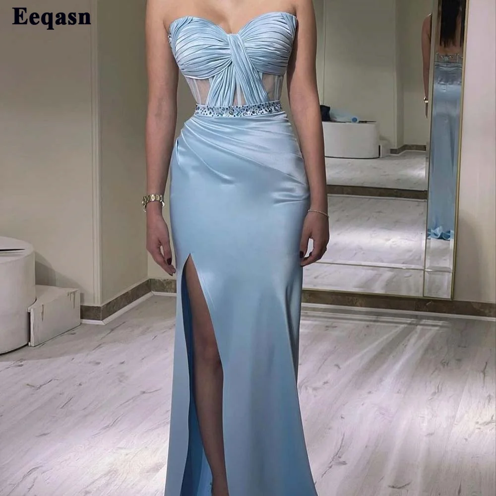 Eeqasn Light Blue Mermaid Evening Dresses Crystals Pleated Sweetheart Sexy Special Party Gowns Split Formal Occasion Prom Dress
Eeqasn Light Blue Mermaid Evening Dresses Crystals Pleated Sweetheart Sexy Special Party Gowns Split Formal Occasion Prom Dress