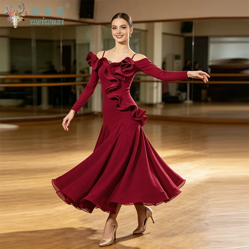 Modern Dancing Performance Clothing Lotus Leaf Lace Collar Swing Skirt Ballroom Dress Waltz Friendship Dance Competition Wear
Modern Dancing Performance Clothing Lotus Leaf Lace Collar Swing Skirt Ballroom Dress Waltz Friendship Dance Competition Wear