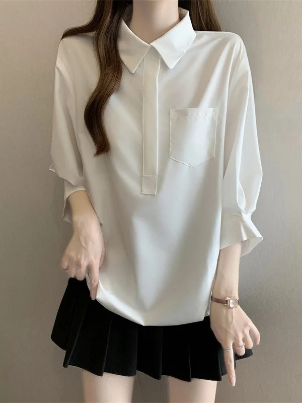Elegant White Short Sleeve Shirt Women's plus Size Flared Sleeve Seven-Quarter Length Korean Style Commute Wind Loose Fit Shirt
Elegant White Short Sleeve Shirt Women's plus Size Flared Sleeve Seven-Quarter Length Korean Style Commute Wind Loose Fit Shirt