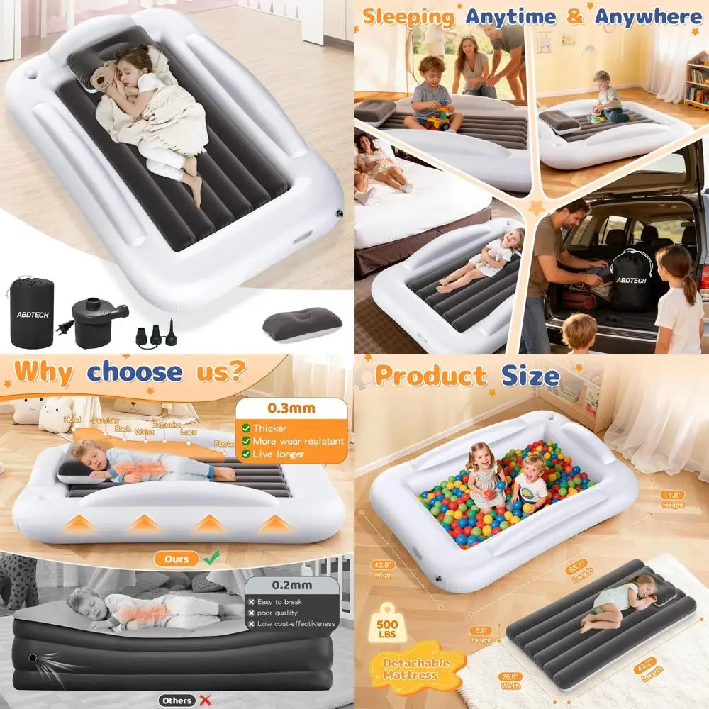 Portable 60 Toddler Travel Bed with Safety Sides and Air Mattress, Perfect for Vacations, Camping, and Sleepovers
Portable 60 Toddler Travel Bed with Safety Sides and Air Mattress, Perfect for Vacations, Camping, and Sleepovers
