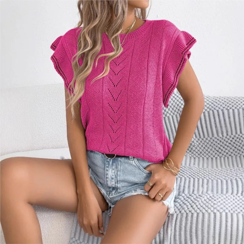 Spring And Summer Hollowed Out Fried Dough Twists Color Contrast Wood Ear Edge Knitwear Round Neck Short Sleeve Blouse Women
Spring And Summer Hollowed Out Fried Dough Twists Color Contrast Wood Ear Edge Knitwear Round Neck Short Sleeve Blouse Women