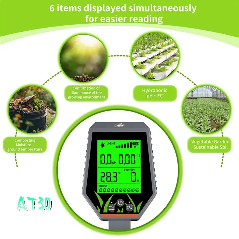 6-In-1 Soil Tester PH/EC/Humidity/Sunlight/Fertility/Temp Digital Soil Moisture Tester PH Meter For Gardening Hydroponic-AT30
6-In-1 Soil Tester PH/EC/Humidity/Sunlight/Fertility/Temp Digital Soil Moisture Tester PH Meter For Gardening Hydroponic-AT30