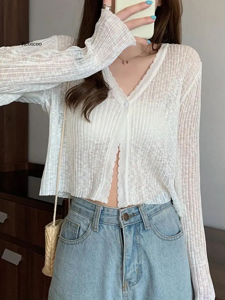Women's Knitting Cardigan V-neck Transparent Single Button Long Sleeve Ice Silk Short Top Wholesale 2022 New Female Clothing
Women's Knitting Cardigan V-neck Transparent Single Button Long Sleeve Ice Silk Short Top Wholesale 2022 New Female Clothing