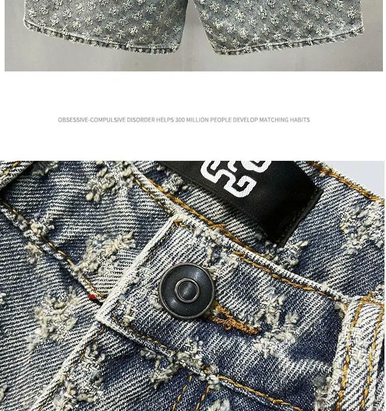 American Y2K Light Luxury Quality Retro Denim Shorts Summer Hip Hop INS Men Loose Shave Jacquard Couple Denim Five Point Pants 22 Se3acc23529a14a93a5c5700aba6ab32da