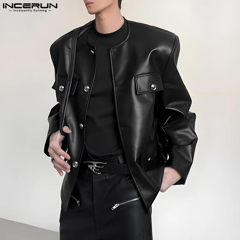 INCERUN мужские куртки из искусственной кожи, однотонные мужские пальто с круглым вырезом и длинными рукавами, уличная одежда на пуговицах, 2025 г., модные повседневные куртки, верхняя одежда 
INCERUN мужские куртки из искусственной кожи, однотонные мужские пальто с круглым вырезом и длинными рукавами, уличная одежда на пуговицах, 2025 г., модные повседневные куртки, верхняя одежда
