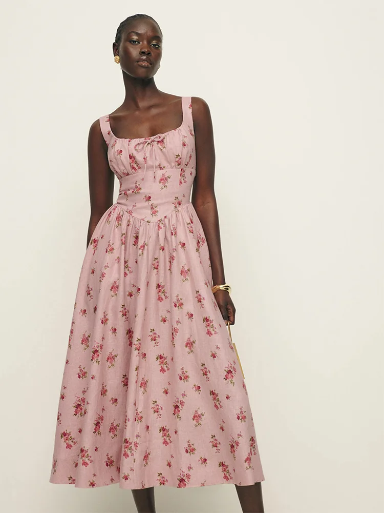 Silk Linen Vintage Pink Rose Floral Print Corset Midi Dress Women Square Neck Sleeveless A-Line Flare Summer Bridesmaid Dress
Silk Linen Vintage Pink Rose Floral Print Corset Midi Dress Women Square Neck Sleeveless A-Line Flare Summer Bridesmaid Dress