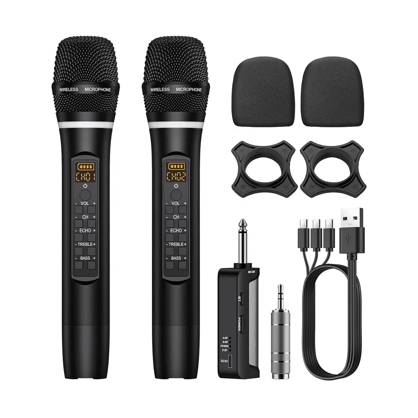 UHF Rechargeable Dual Handheld Dynamic Karaoke Microphone System Wireless With Treble Bass Echo Control
UHF Rechargeable Dual Handheld Dynamic Karaoke Microphone System Wireless With Treble Bass Echo Control