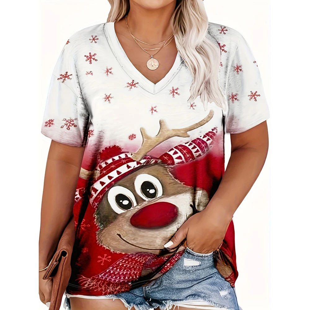 Cartoon 3D Elk Print Women's T Shirts Fashion V-neck Short Sleeve Top New Year Party Christmas T-shirt Casual X'mas Clothing Tee
Cartoon 3D Elk Print Women's T Shirts Fashion V-neck Short Sleeve Top New Year Party Christmas T-shirt Casual X'mas Clothing Tee
