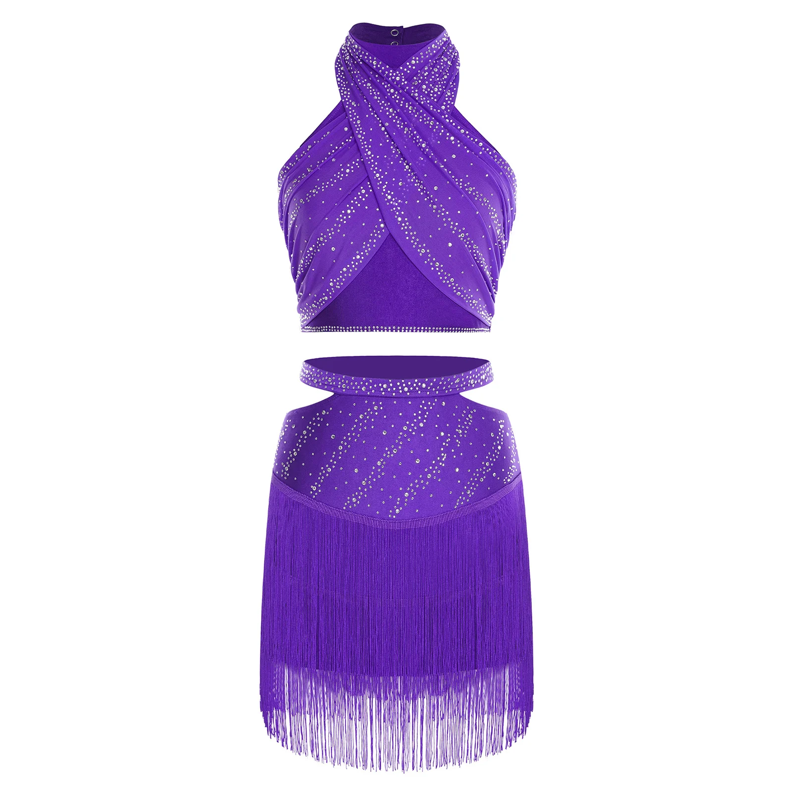 Women Rhinestones Latin Dance Outfit Halter Sleeveless Mesh Overlay Crop Top And Skirts for Salsa Cha-cha Performance Dance Wear
Women Rhinestones Latin Dance Outfit Halter Sleeveless Mesh Overlay Crop Top And Skirts for Salsa Cha-cha Performance Dance Wear
