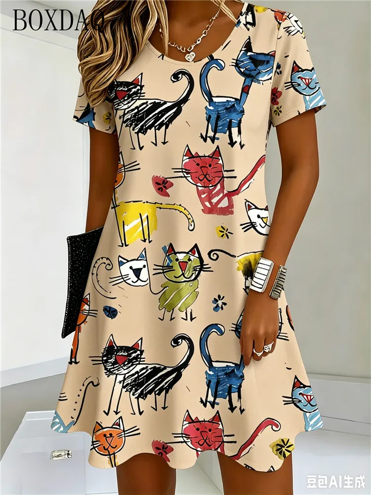 Fun and Cute Cat Print Round Neck Short Sleeved Loose Fit Summer Women's A-Line Dress
Fun and Cute Cat Print Round Neck Short Sleeved Loose Fit Summer Women's A-Line Dress