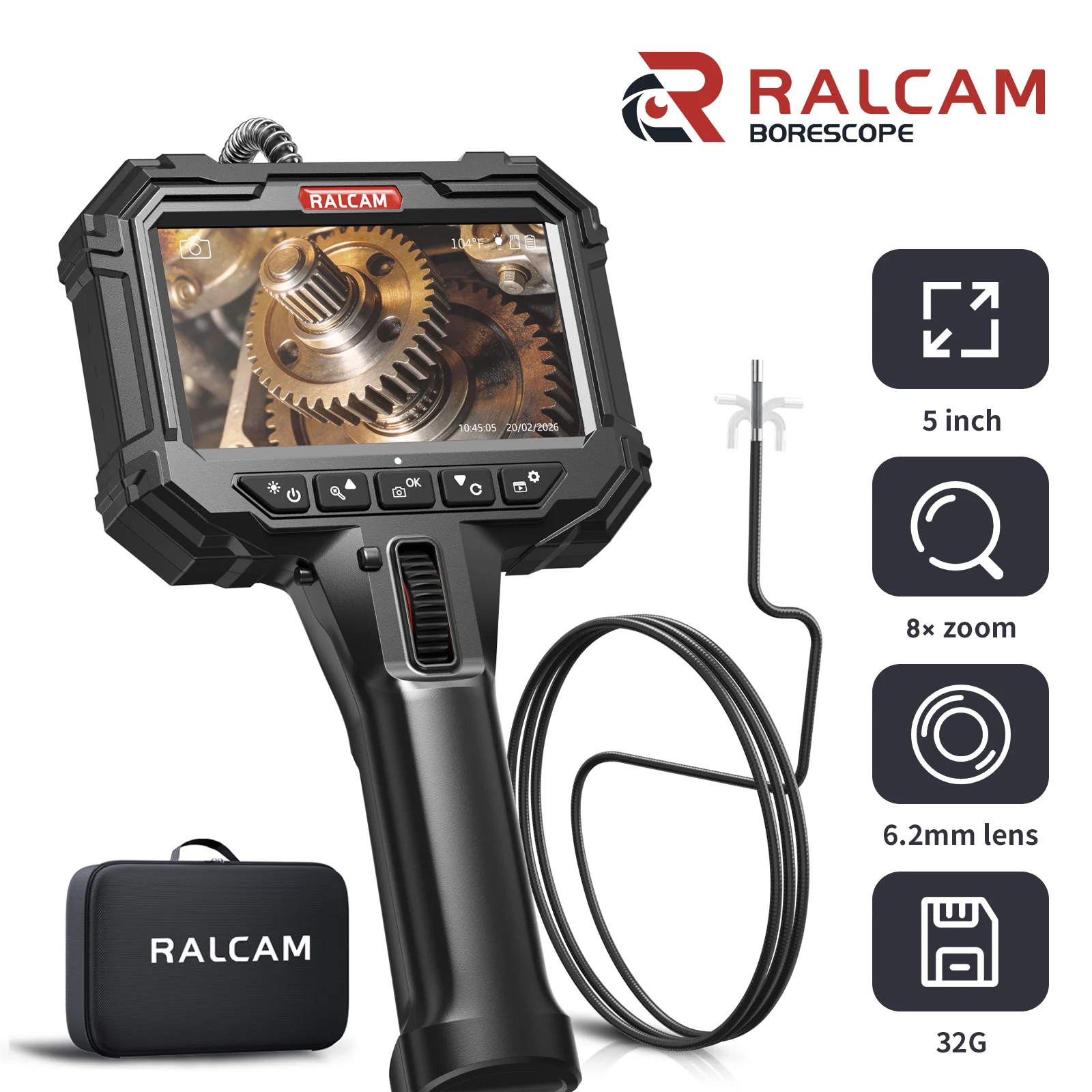 Ralcam Two-Way Articulating Borescope 6.2mm 5-inch IPS inspection endoscope 8x Zoom Steering Industrial Endoscope for Car Pipe
Ralcam Two-Way Articulating Borescope 6.2mm 5-inch IPS inspection endoscope 8x Zoom Steering Industrial Endoscope for Car Pipe