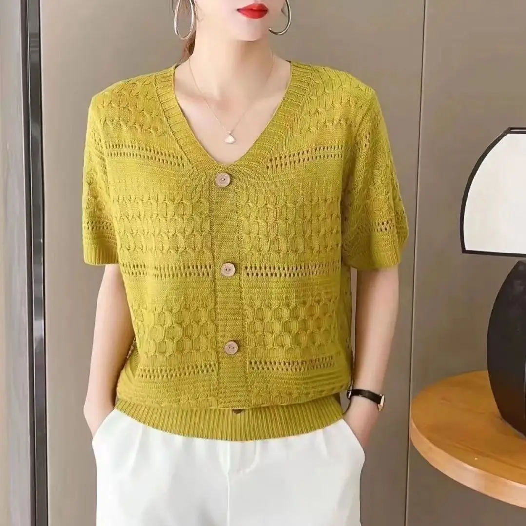 Women's Summer New Fashion Versatile Solid Color Elegant Lace Shirt Ice Silk Top V-neck Thin Comfortable Knitted Top A229
Women's Summer New Fashion Versatile Solid Color Elegant Lace Shirt Ice Silk Top V-neck Thin Comfortable Knitted Top A229