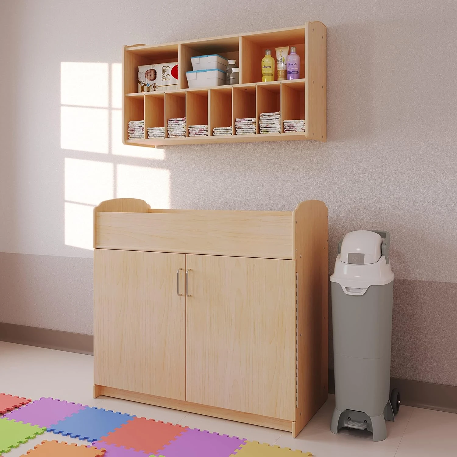Daycare Changing Table with Storage Cubbies, Durable Wood Construction, Built-in Shelving for Ample Storage
Daycare Changing Table with Storage Cubbies, Durable Wood Construction, Built-in Shelving for Ample Storage