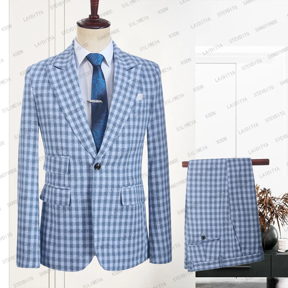 Summer Fashion Plaid Men Suits 2 Piece Blue Peak Lapel One Button Slim Fit Male Blazer Business Office Casual Wedding Groom Suit
Summer Fashion Plaid Men Suits 2 Piece Blue Peak Lapel One Button Slim Fit Male Blazer Business Office Casual Wedding Groom Suit