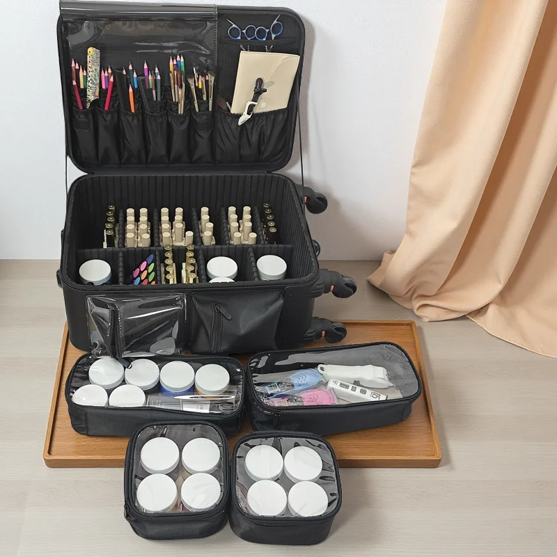 Multi-layer Large Trolley Makeup Case Made of PU Leather with Rolling WheelsSuitable for beauticians and manicurists
Multi-layer Large Trolley Makeup Case Made of PU Leather with Rolling WheelsSuitable for beauticians and manicurists