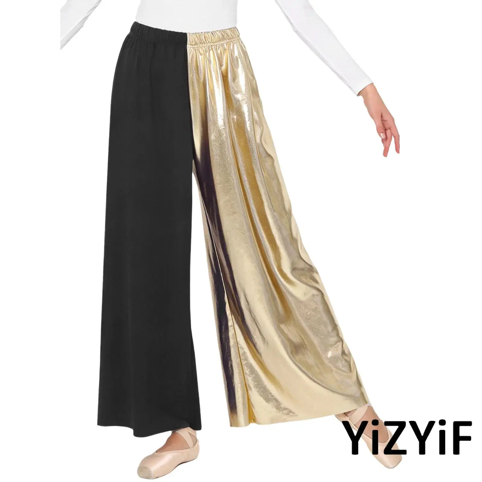 Womens Modern Lyrical Dance Costume Church Praise Dance Trousers Metallic Shiny Patchwork Wide Leg Elastic Waistband Long Pants
Womens Modern Lyrical Dance Costume Church Praise Dance Trousers Metallic Shiny Patchwork Wide Leg Elastic Waistband Long Pants