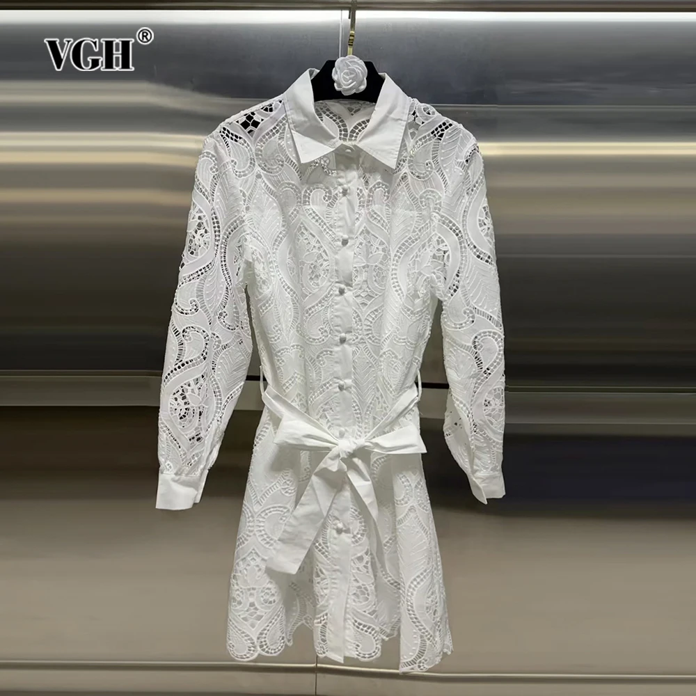 VGH Hollow Out Solid Patchwork Lace Up Embroidery Dress For Women Lapel Long Sleeve High Waist Elegant Dresses Female Fashion
VGH Hollow Out Solid Patchwork Lace Up Embroidery Dress For Women Lapel Long Sleeve High Waist Elegant Dresses Female Fashion