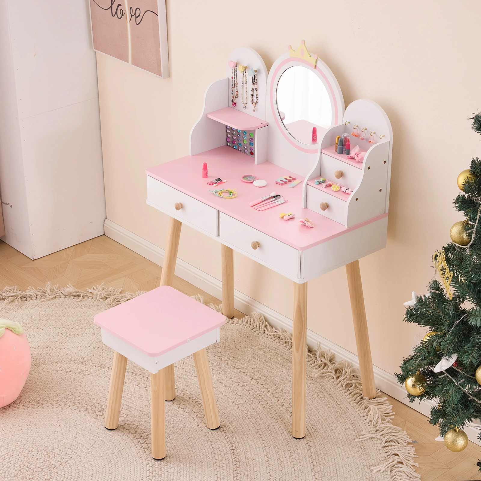 White and pink crown elements, MDF particle board with solid wood legs, painted and melamine finish, four-drawer children's vani
White and pink crown elements, MDF particle board with solid wood legs, painted and melamine finish, four-drawer children's vani