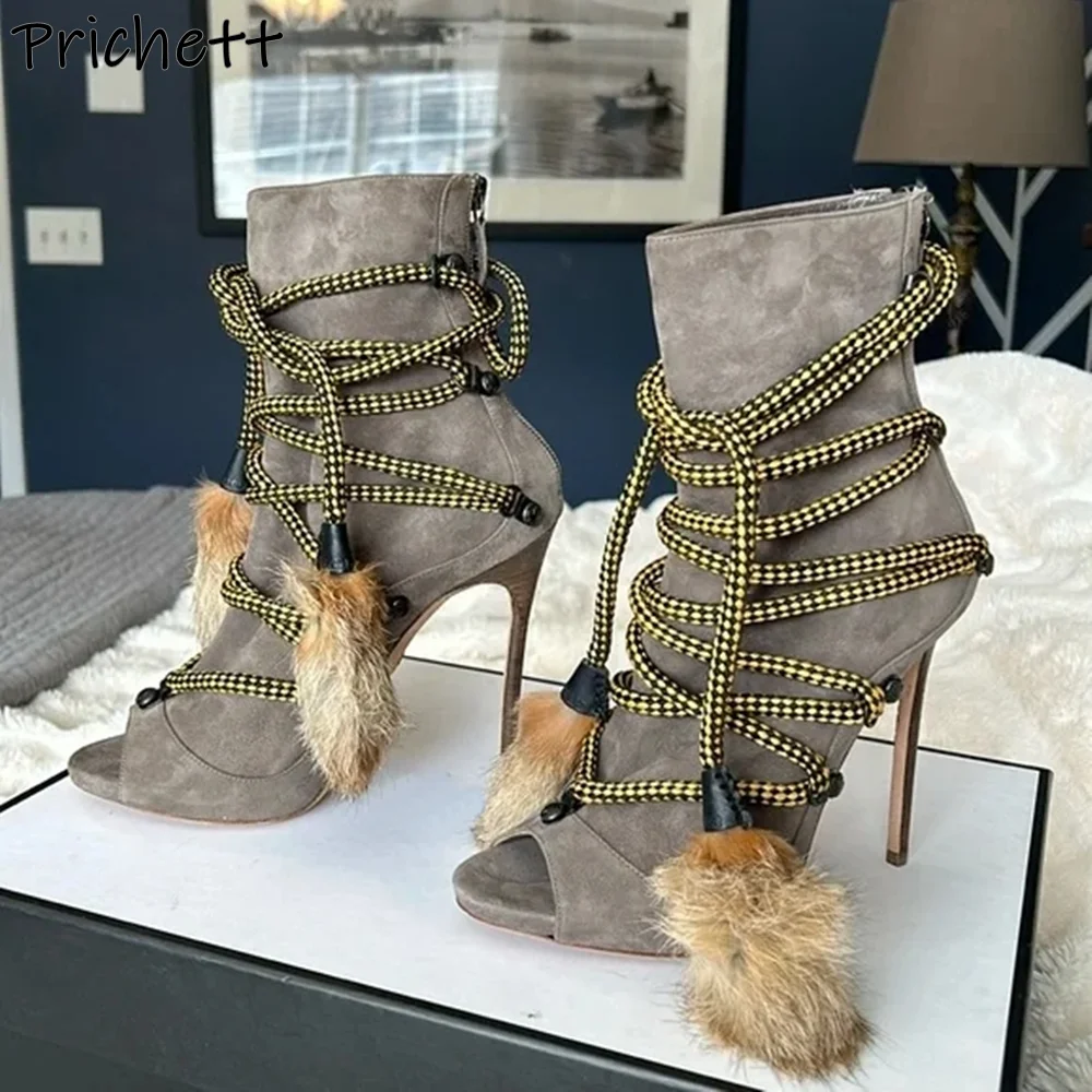 Gray Brown Thick String Plush Fringe Boots Cross Lace Up Peep Toe Thin Heels Lace Up Back Zipper Shoes Hollow Runway Ankle Boots
Gray Brown Thick String Plush Fringe Boots Cross Lace Up Peep Toe Thin Heels Lace Up Back Zipper Shoes Hollow Runway Ankle Boots