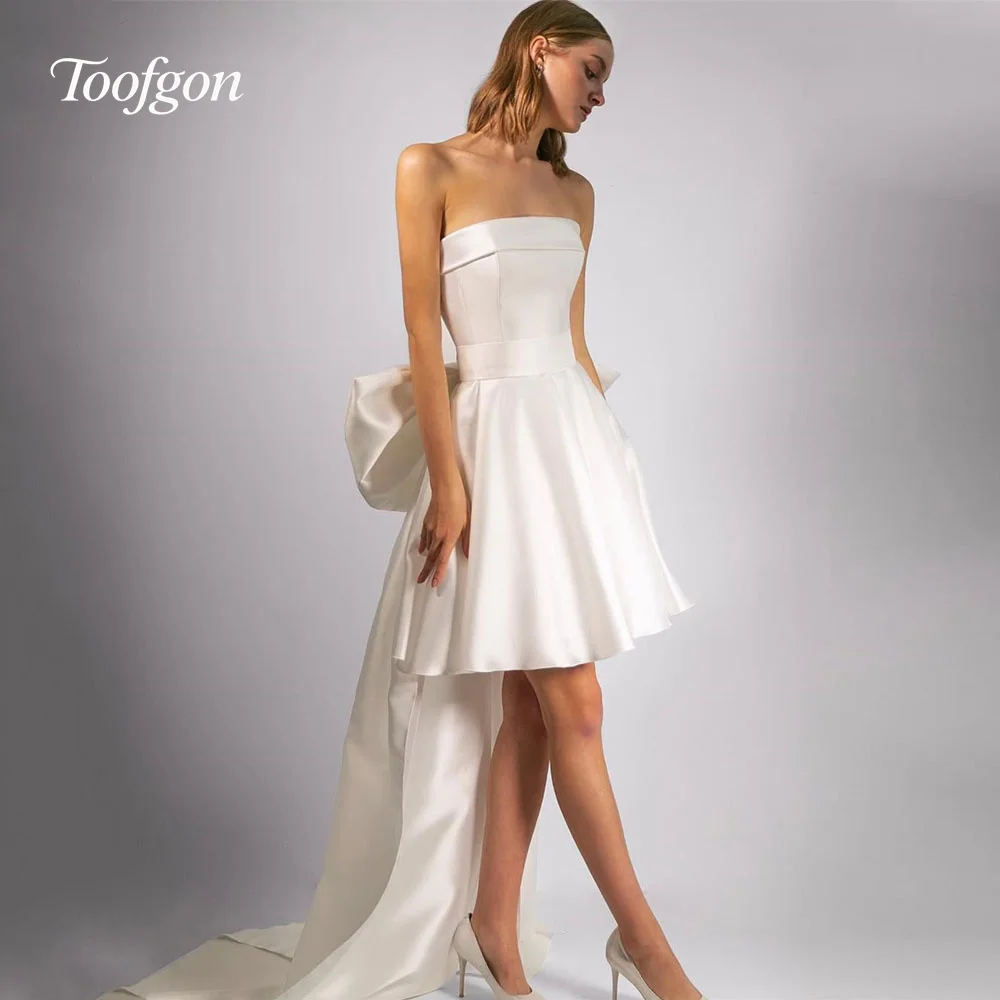 Toofgon Strapless Satin A Line Short Wedding Dresses Detachable Train Bride Gown Customized Big Bow Beach Boho Bridal Dress
Toofgon Strapless Satin A Line Short Wedding Dresses Detachable Train Bride Gown Customized Big Bow Beach Boho Bridal Dress