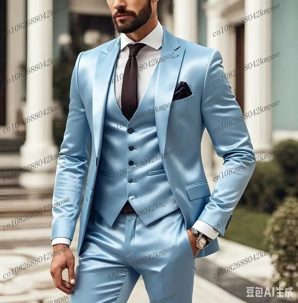 Sky Blue Acetate Satin Formal Men Suit Groom Groomsman Wedding Party Prom Business Male Tuxedos 3 Piece Set Blazer Vest Pants
Sky Blue Acetate Satin Formal Men Suit Groom Groomsman Wedding Party Prom Business Male Tuxedos 3 Piece Set Blazer Vest Pants