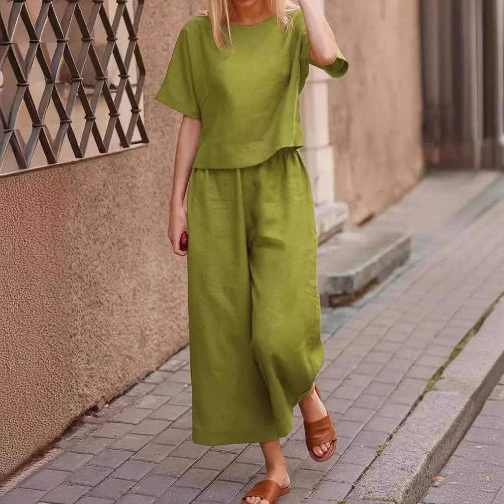 New Summer Products Amazon Linen Cotton Large Size Loose Casual Solid Color Women Short-Sleeved T-Shirt Bell-Bottom 2-Piece Set
New Summer Products Amazon Linen Cotton Large Size Loose Casual Solid Color Women Short-Sleeved T-Shirt Bell-Bottom 2-Piece Set