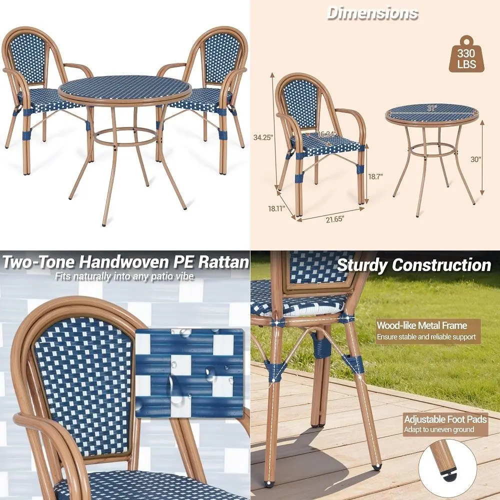 Patio Dining Set, Outdoor French Country Bistro Table and Chairs, AllWeather Wicker Round Table amp 2 Chairs w Armrests amp Met
Patio Dining Set, Outdoor French Country Bistro Table and Chairs, AllWeather Wicker Round Table amp 2 Chairs w Armrests amp Met
