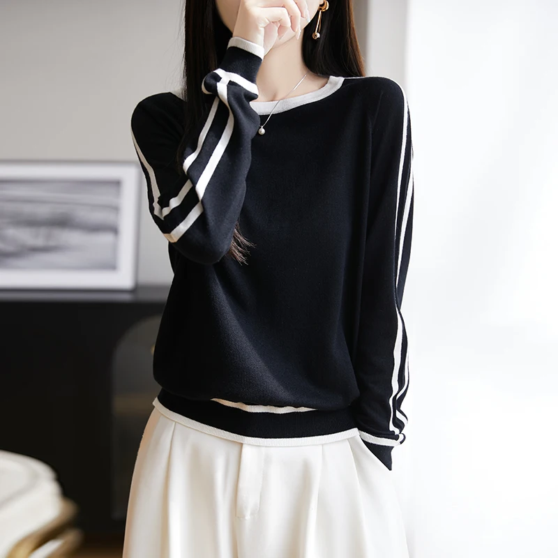 Весна/Лето 202, новый контрастный цветной шерстяной вязаный свитер из лиоцелла с круглым вырезом для женщин, свободный узкий тонкий топ с длинными рукавами 
Весна/Лето 202, новый контрастный цветной шерстяной вязаный свитер из лиоцелла с круглым вырезом для женщин, свободный узкий тонкий топ с длинными рукавами