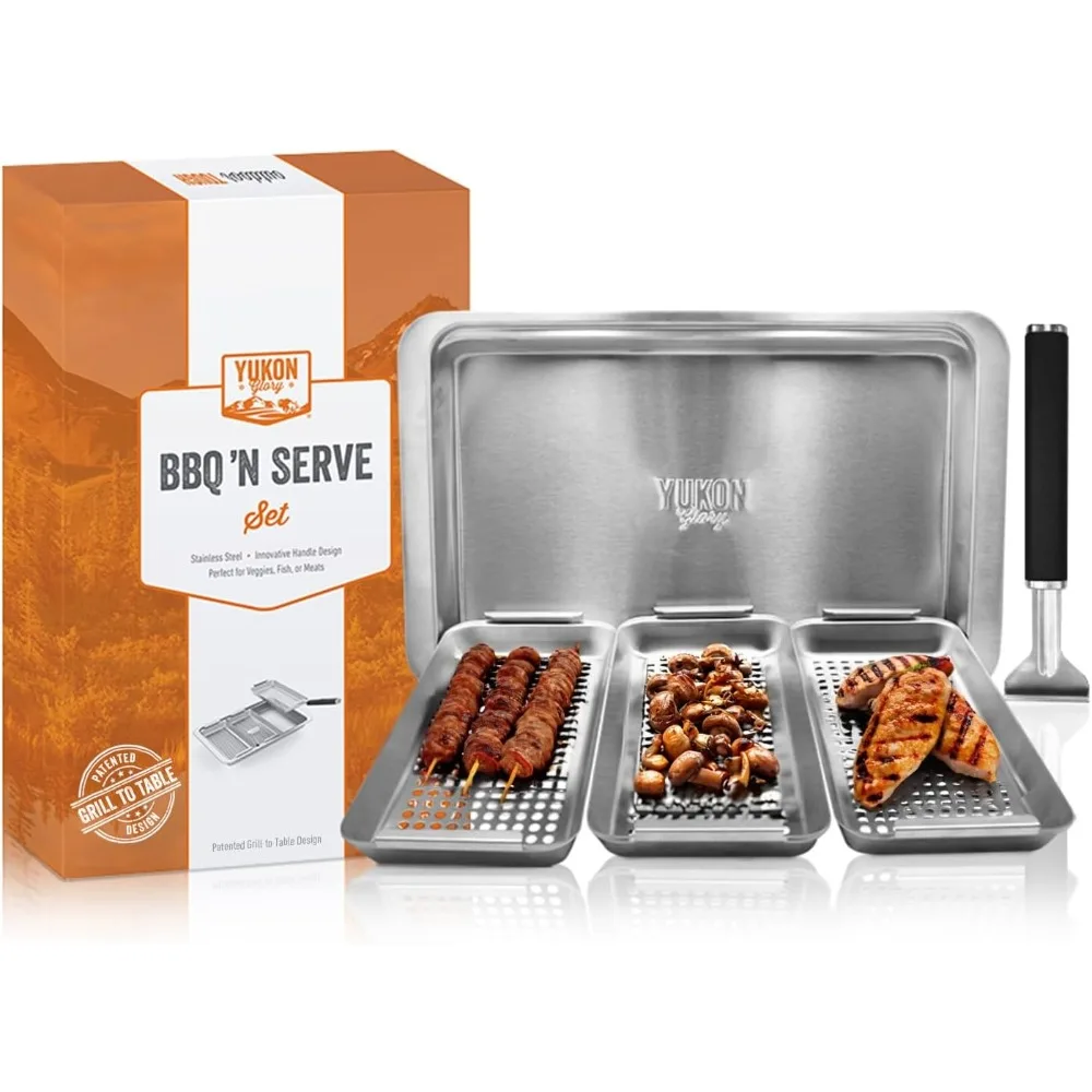 Yukon Glory Grill Basket Set, Stainless Steel BBQ 'N Serve 5-Piece with 3 Baskets, Removable Handle & Drip Tray for Vegetables,
Yukon Glory Grill Basket Set, Stainless Steel BBQ 'N Serve 5-Piece with 3 Baskets, Removable Handle & Drip Tray for Vegetables,