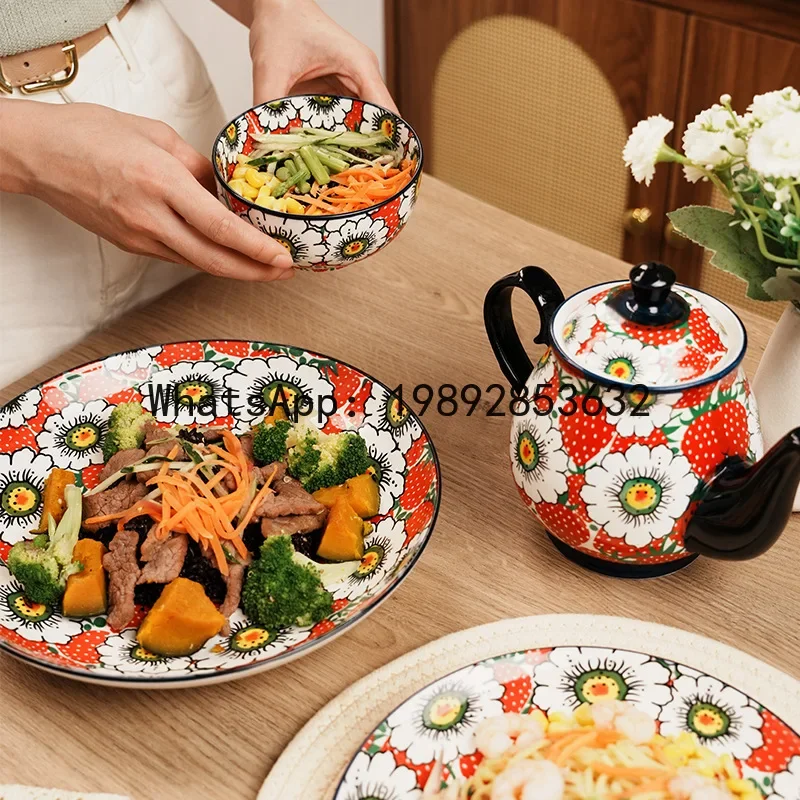 b153Colorful strawberry ceramic tableware including rice bowls, salad bowls, teapots, shallow plates, face bowls
b153Colorful strawberry ceramic tableware including rice bowls, salad bowls, teapots, shallow plates, face bowls
