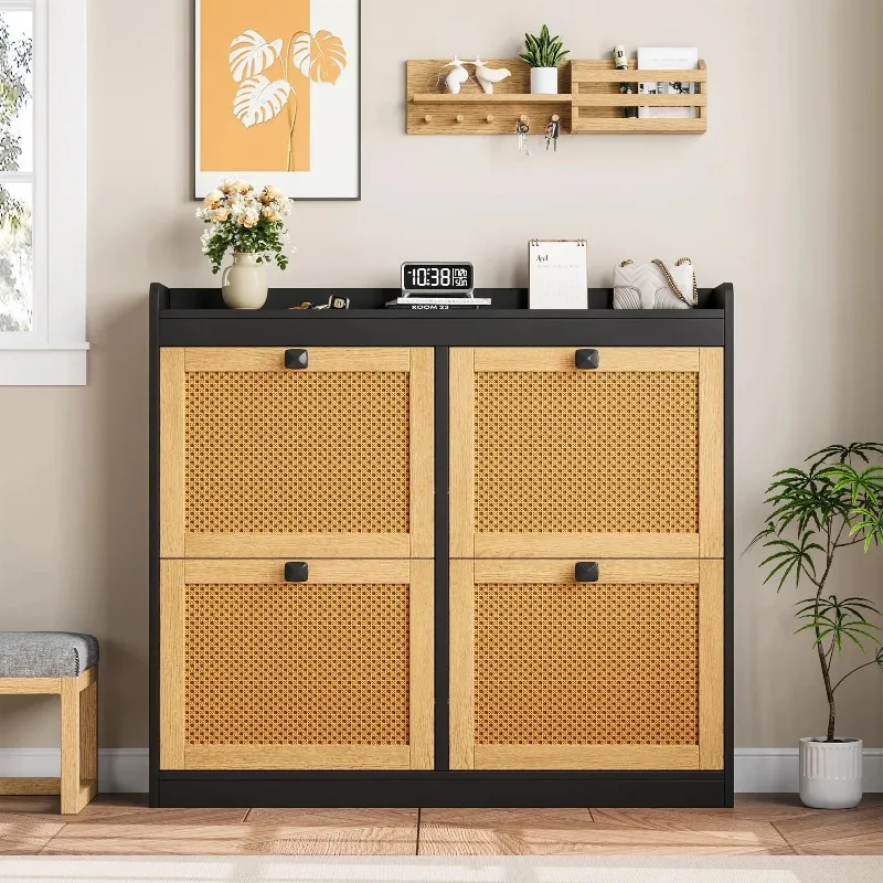 Wooden Shoe Cabinet, Adjustable Shoe Storage Cabinet With 4 Flip Drawers & Rattan Door For Entryway Hallway
Wooden Shoe Cabinet, Adjustable Shoe Storage Cabinet With 4 Flip Drawers & Rattan Door For Entryway Hallway