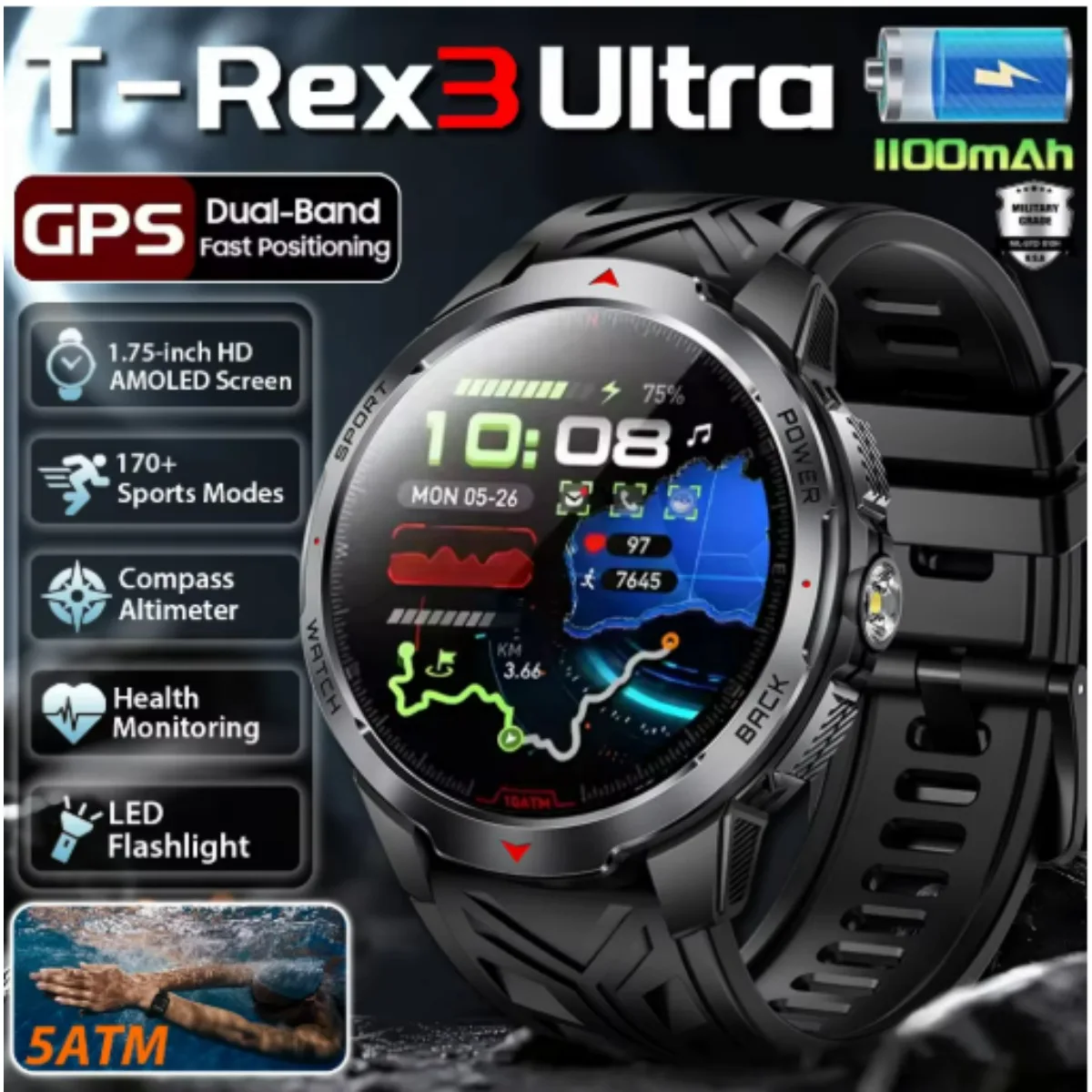 Умные часы Xiaomi Military T-Rex 3 Ultra GPS с аккумулятором 1100 мАч, водонепроницаемостью 5ATM, компасом, фонариком, спортивным трекером для мужчин
Умные часы Xiaomi Military T-Rex 3 Ultra GPS с аккумулятором 1100 мАч, водонепроницаемостью 5ATM, компасом, фонариком, спортивным трекером для мужчин