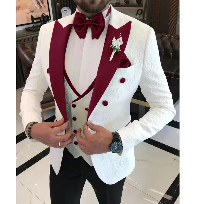 Wedding Suits For Men White Floral Burgundy Satin Lapel Groom Formal Tuxedos Slim Fit Men Suit Set 3 Pieces
Wedding Suits For Men White Floral Burgundy Satin Lapel Groom Formal Tuxedos Slim Fit Men Suit Set 3 Pieces