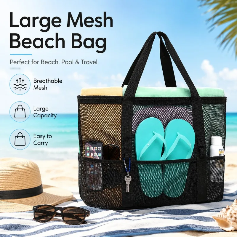 Large Mesh Beach Bag Tote with 8 Pockets, Quick Dry Swim Pool Organizer for Towels Toys Sandals Sunscreen Travel Essentials
Large Mesh Beach Bag Tote with 8 Pockets, Quick Dry Swim Pool Organizer for Towels Toys Sandals Sunscreen Travel Essentials
