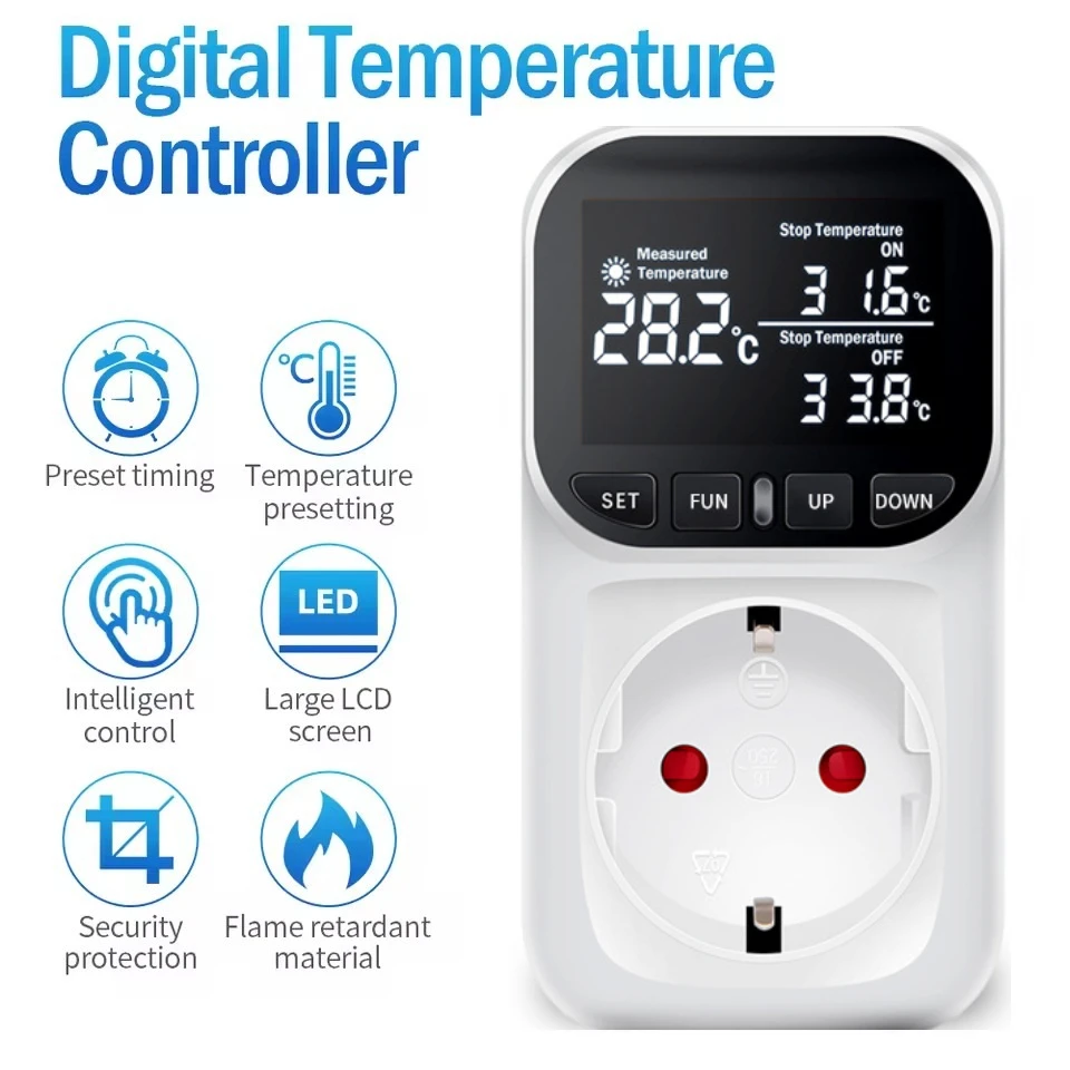 Розетка с таймером, цифровой термостат, 220 В, регулятор температуры, розетка с таймером, датчик температуры охлаждения, отопления
Розетка с таймером, цифровой термостат, 220 В, регулятор температуры, розетка с таймером, датчик температуры охлаждения, отопления