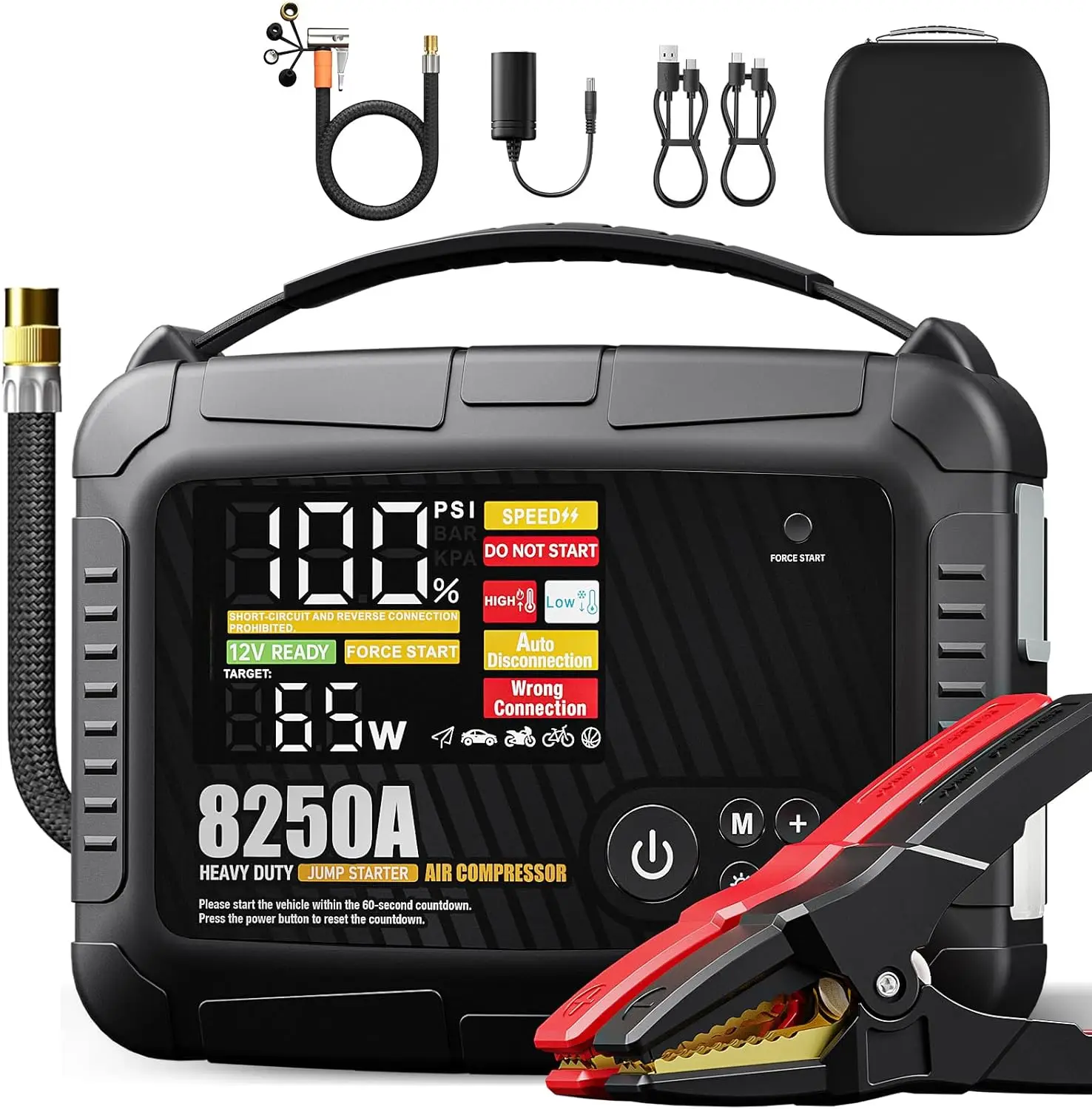 JFEGWO 8250A Heavy Duty Jump Starter with Air Compressor, 32000mAh 65W Fast Charging Portable Car Battery Booster Power Pack (for All Gas 12L Diesel), 150 PSI Tire Inflator, HD Display
JFEGWO 8250A Heavy Duty Jump Starter with Air Compressor, 32000mAh 65W Fast Charging Portable Car Battery Booster Power Pack (for All Gas 12L Diesel), 150 PSI Tire Inflator, HD Display