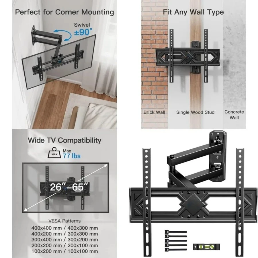 Full Motion TV Wall Mount for 26-65 Inch Flat Curved TVs, Heavy Duty Single Articulating Arms, Corner TV Mount Up to VESA 400x400mm and 77lbs, Support Swivel, Tilt, Level Adjustment
Full Motion TV Wall Mount for 26-65 Inch Flat Curved TVs, Heavy Duty Single Articulating Arms, Corner TV Mount Up to VESA 400x400mm and 77lbs, Support Swivel, Tilt, Level Adjustment