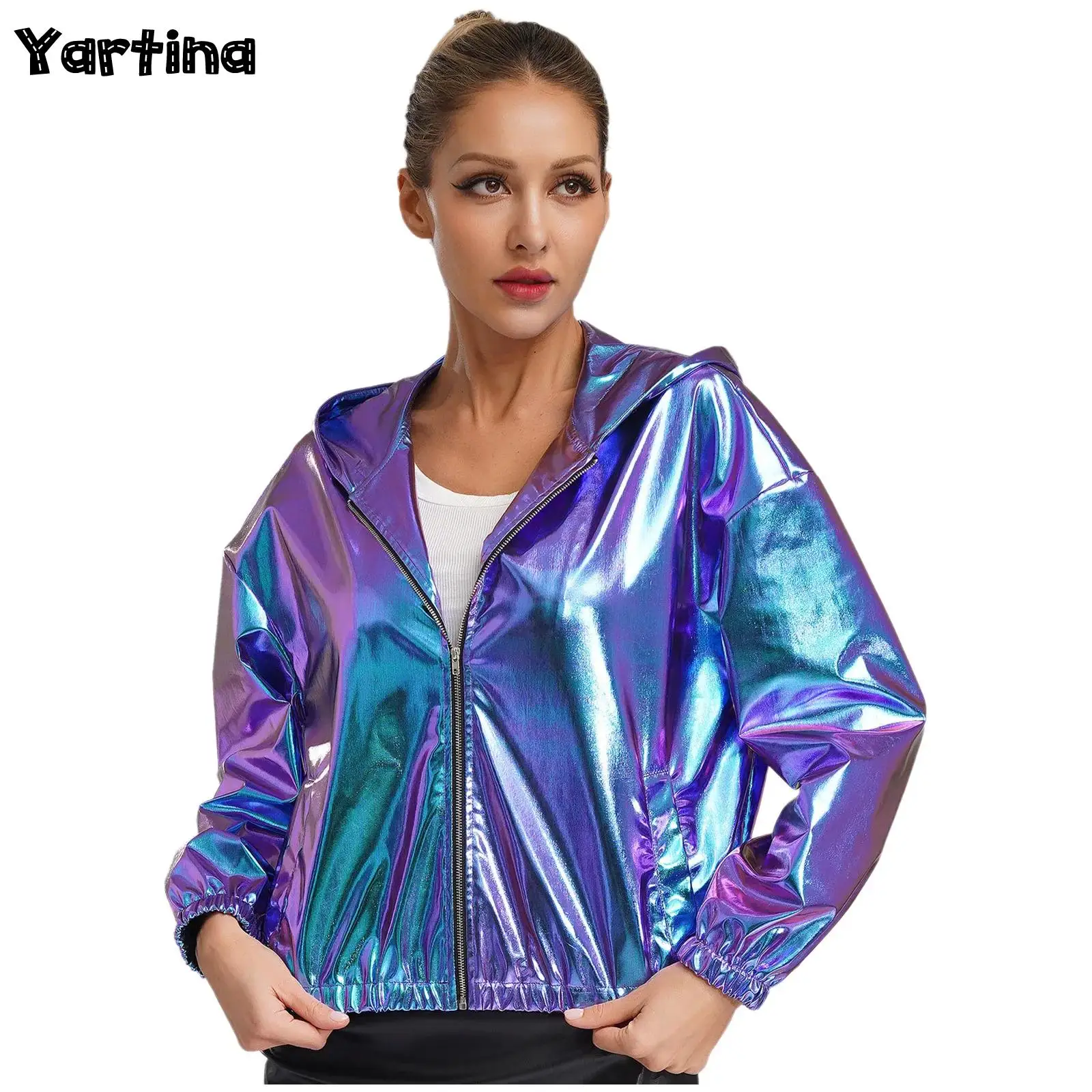 Womens Holographic Hip Hop Hooded Jacket Sparkly Metallic Zipper Short Jacket Coat Outerwear Club Wear Rave Performance Costume
Womens Holographic Hip Hop Hooded Jacket Sparkly Metallic Zipper Short Jacket Coat Outerwear Club Wear Rave Performance Costume